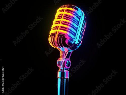 Vintage Microphone with Neon Color Glow on Black Background