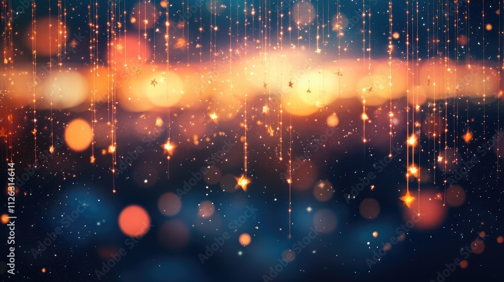 Fototapeta premium Radiant golden falling stars illuminate the night, surrounded by sparkling bokeh lights, blending perfectly into a warm orange horizon.