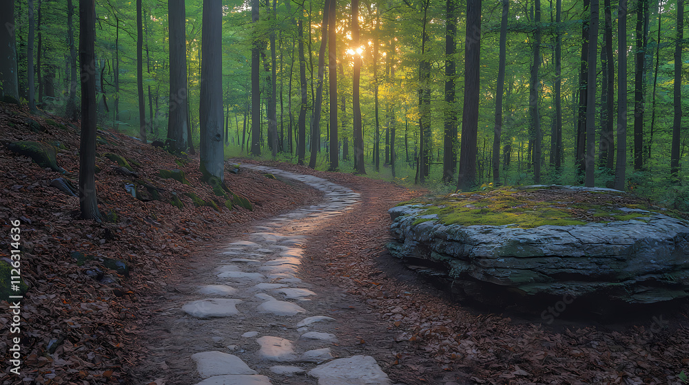 Obraz premium Curving behind a large rock formation is a forest-lined path