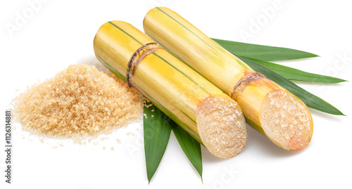 Sugarcanes stalks, sugar cane leaves and heap of sugar isolated on white background. photo