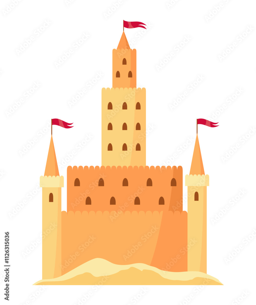 Sand castle. Kids fortress constructions. Sandy stronghold with wall and tower. Summer beach games to build sandy palaces or citadel. Vector cartoon illustration of beach sculptures Sand castle. Kids fortress constructions. Sandy stronghold with wall and tower. Summer beach games to build sandy palaces or citadel. Vector cartoon illustration of beach sculptures