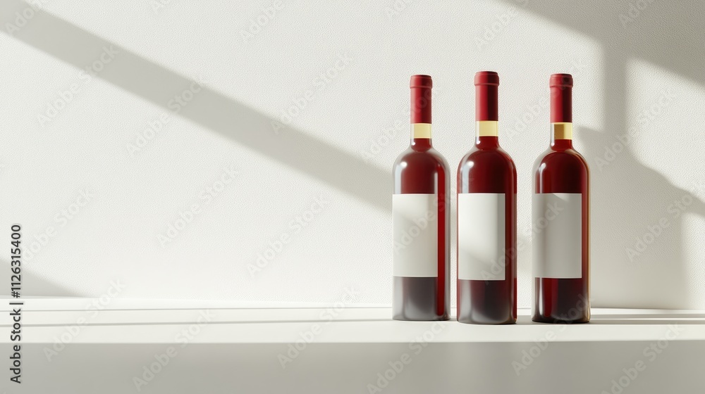 Red and white wine bottles arranged artistically on a pristine white backdrop, featuring empty labels, ready for customization and design. Red and white wine bottles arranged artistically on a pristine white backdrop, featuring empty labels, ready for customization and design.
