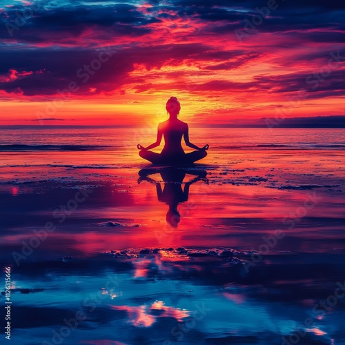 Silhouette of a female in meditation at sunset, reflecting calming colors on serene water.