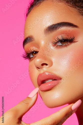 A close-up portrait of a young woman with glamorous makeup, vibrant pink background, featuring bold lashes and glossy lips, exuding confidence and beauty.