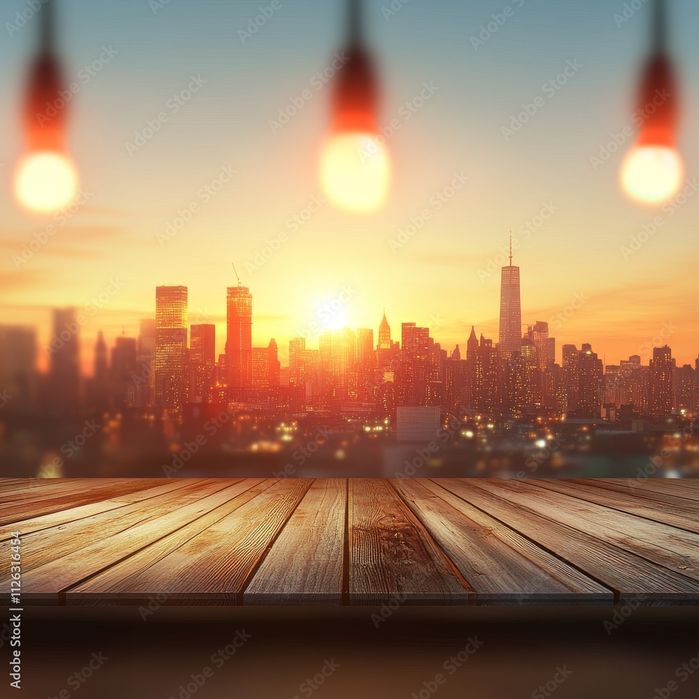 A stunning sunset over a city skyline, with warm lights illuminating a wooden surface in the foreground. A stunning sunset over a city skyline, with warm lights illuminating a wooden surface in the foreground.