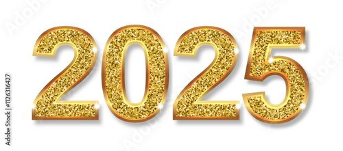 2025 numbers - gold glitter, bright. Christmas symbol with soft shadow. Realistic 3D illustration. White background. Vector.