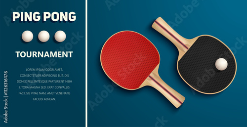 Poster tournament - rackets and balls for ping-pong. For games, championships and advertising. Background  blue table. Vector.