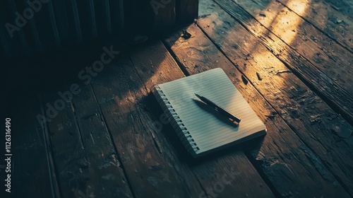 Blank Notebook and Pen on Vintage Wooden Floor in Soft Light