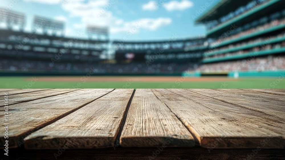 Sharp focus on a wooden table with the bustling outline of a baseball stadium in the background, emphasizing the dynamic contrast. Sharp focus on a wooden table with the bustling outline of a baseball stadium in the background, emphasizing the dynamic contrast.
