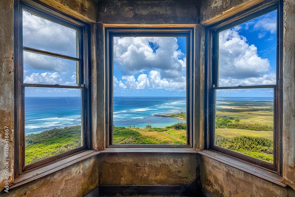 Scenic coastal view from a historic building's windows in Hawaii Scenic coastal view from a historic building's windows in Hawaii