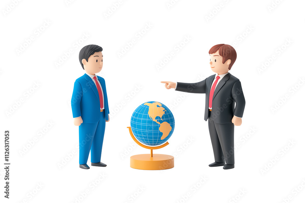 Two business figures discussing a globe, symbolizing global communication and collaboration. Two business figures discussing a globe, symbolizing global communication and collaboration.