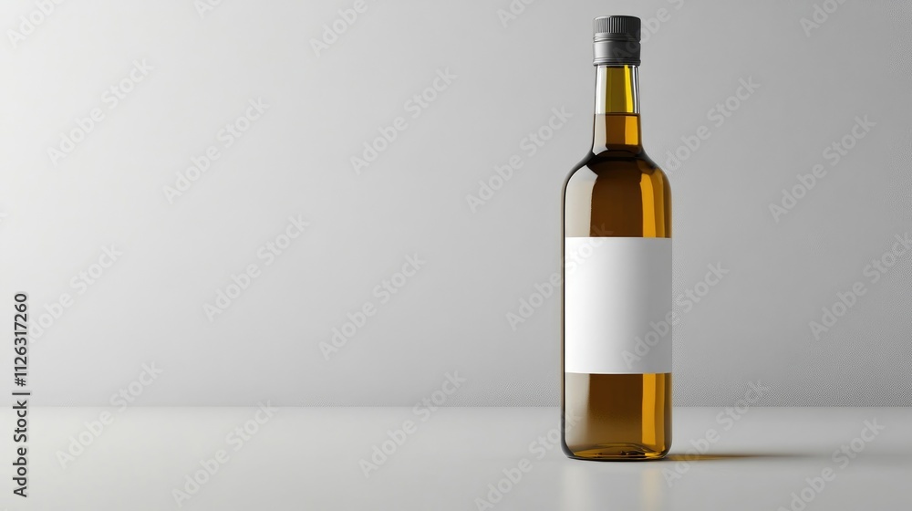 Sophisticated, plain olive oil bottle with an unbranded white label, isolated on a minimalist grey background for a chic and simple presentation. Sophisticated, plain olive oil bottle with an unbranded white label, isolated on a minimalist grey background for a chic and simple presentation.