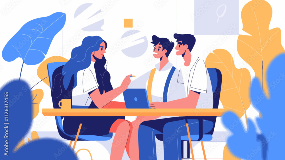 Woman is sitting at a table with two men. One of the men is holding a laptop Woman is sitting at a table with two men. One of the men is holding a laptop