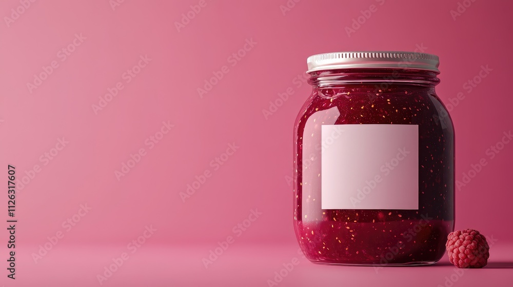 Stunning shot of a glass jar filled with luscious raspberry jam, with a clean, blank white label, set against a vibrant pink background, ready for design. Stunning shot of a glass jar filled with luscious raspberry jam, with a clean, blank white label, set against a vibrant pink background, ready for design.