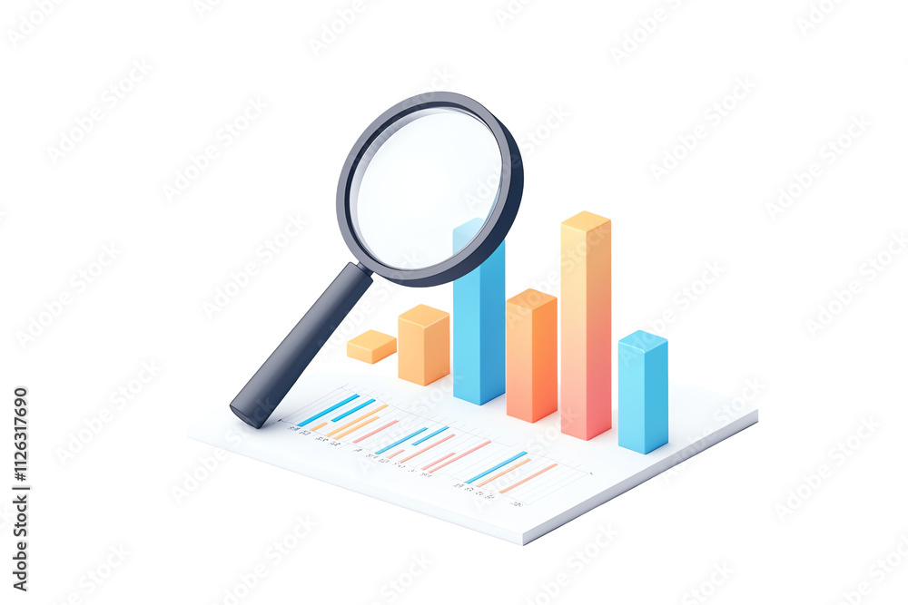 A magnifying glass focuses on colorful bar graphs and data points on a document, highlighting analytical insights. A magnifying glass focuses on colorful bar graphs and data points on a document, highlighting analytical insights.