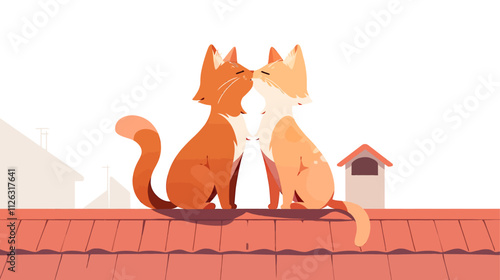 Two cats are sitting on a roof. One is orange and the other is white. They are looking at each other