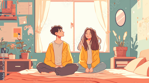 Man and a woman are sitting on a bed. The man is wearing a yellow jacket