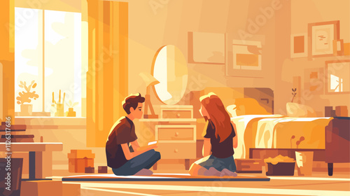Man and a woman are sitting on the floor in a bedroom. The man is wearing a black shirt and jeans