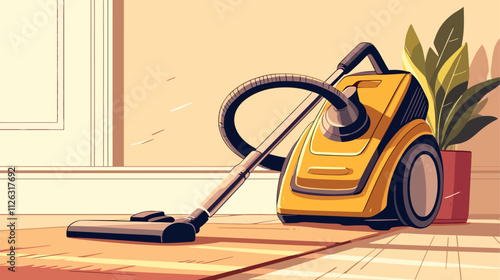 Yellow vacuum cleaner is on the floor. A potted plant is next to it. The plant is green and has leaves