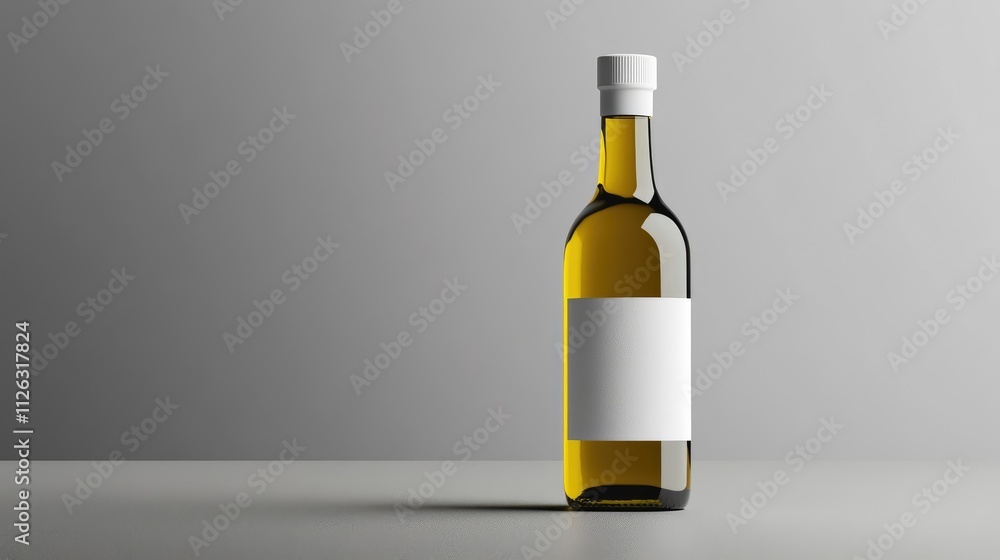 Stylish, unbranded olive oil bottle with a clean white label, placed on a smooth grey surface, perfect for a luxury product display. Stylish, unbranded olive oil bottle with a clean white label, placed on a smooth grey surface, perfect for a luxury product display.
