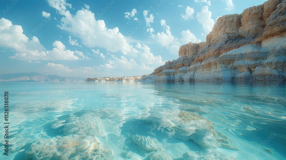 Fototapeta premium Serenity at the Dead Sea Turquoise Water Rocky Coast Clouds