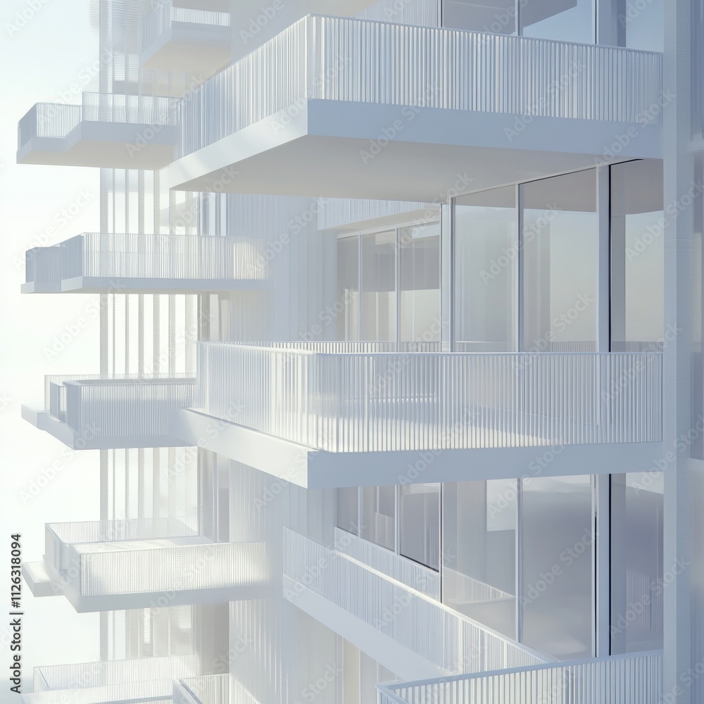 Fototapeta premium Modern architectural design featuring sleek, white balconies and a minimalist aesthetic.