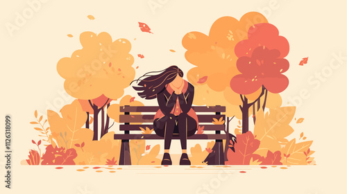 Woman sits on a bench in a park. The bench is empty. The woman is wearing a black jacket