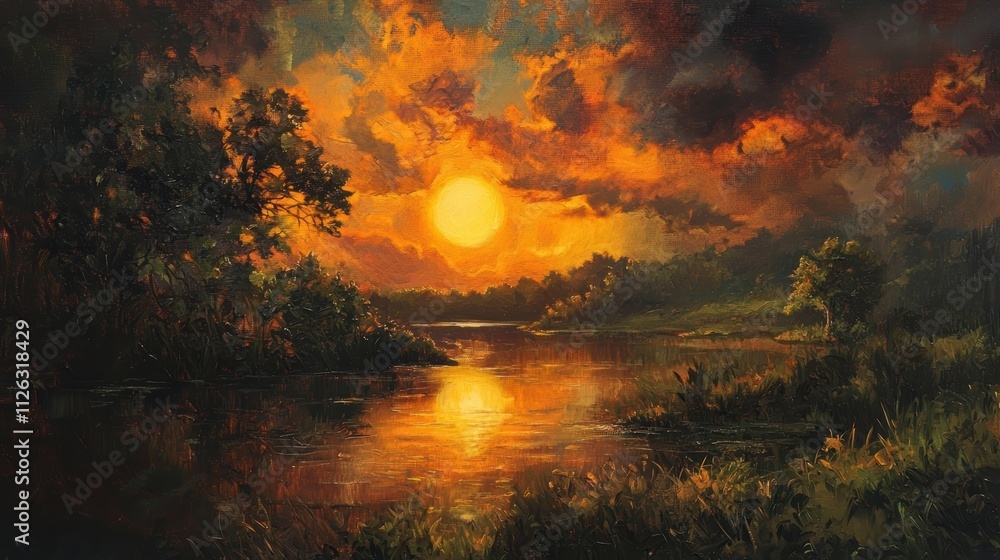 Obraz premium Serene Sunset Over Lake Surrounded by Lush Green Landscape