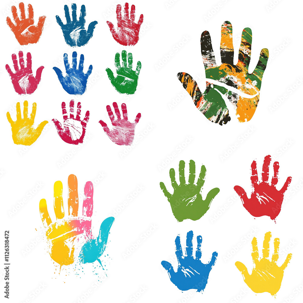 set of colorful hand print, different paint isolated on transparent, clipping set of colorful hand print, different paint isolated on transparent, clipping