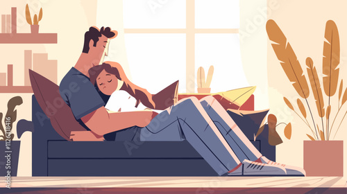 Man and a woman are laying on a couch. The man is holding the woman's head