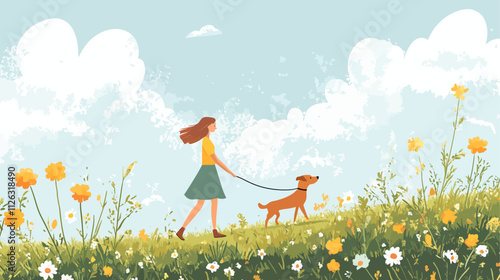 Woman is walking her dog in a field of flowers. The dog is on a leash and the woman is wearing a yellow shirt