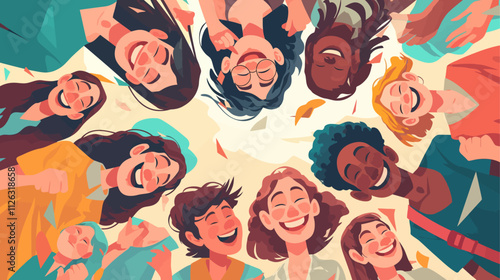 Group of people are smiling and hugging each other. There are at least 12 people in the group