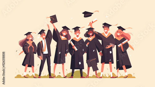 Group of people wearing graduation gowns and caps. One of them is holding a diploma. The group is smiling