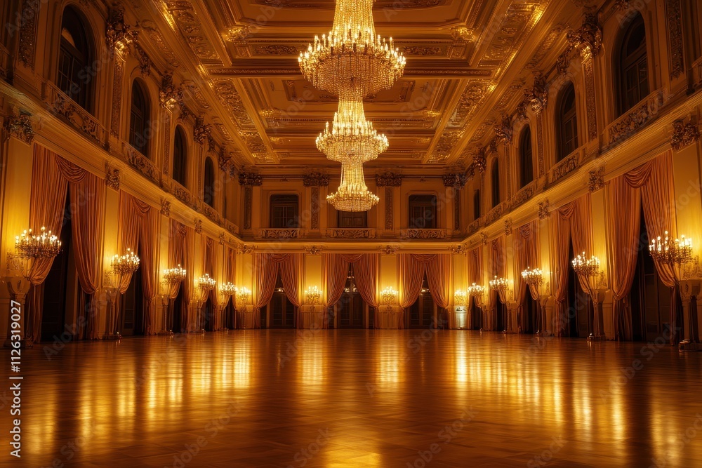 Obraz premium Elegant grand ballroom with layered decor, showcasing opulent design and sophisticated ambiance for events.