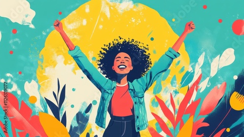 Joyful woman celebrating success amidst vibrant nature.