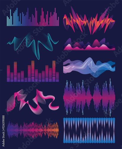 Sound waves equalizer set. Frequency audio waveform, music wave or voice graph signal in HUD style. Abstract sound wave stripe lines. Volume level symbols. Vector cartoon illustration
