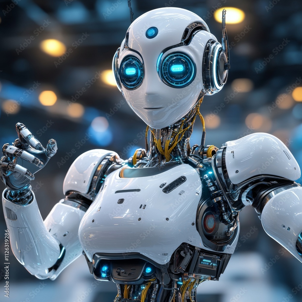 Futuristic humanoid robot with glowing blue eyes and intricate detailing in a high-tech setting. Futuristic humanoid robot with glowing blue eyes and intricate detailing in a high-tech setting.