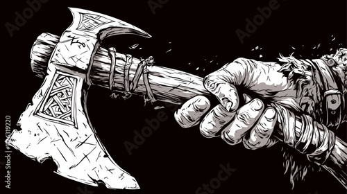 Man is holding a large wooden axe. The axe is black and white. The man is wearing gloves