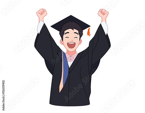 Cartoonish drawing of a man in a graduation gown. He is smiling and holding his hands up in the air