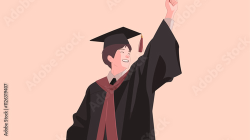 Man in a graduation gown is holding his hand up. He is smiling