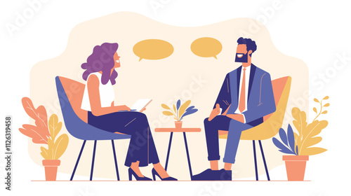 Man and a woman are sitting in chairs and talking. The man is wearing a suit and tie