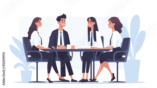 Four people sitting around a table. Two men and two women. One man is wearing a tie