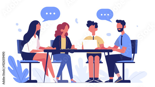 Group of people sitting around a table with a laptop. One of the people is wearing a tie