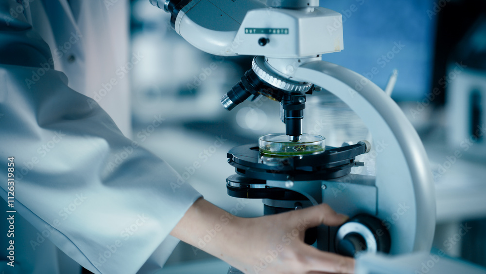 Close Up of a Scientist Using Microscope to Analyze Biological Specimens. Anonymous Person Adding Liquid Solution to Multiple Petri Dishes. Laboratory Work for Advancing Medical Knowledge Close Up of a Scientist Using Microscope to Analyze Biological Specimens. Anonymous Person Adding Liquid Solution to Multiple Petri Dishes. Laboratory Work for Advancing Medical Knowledge