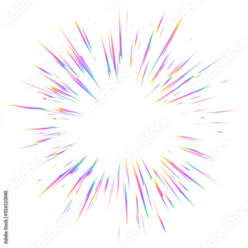 Light burst with rainbow prism effect. Halo flare sparkles of crystal on white background. Vector radial holographic color explosion. Comic speed lines glare beams with sparks and neon reflection.