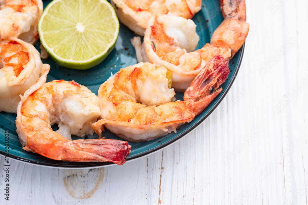 Grilled Tiger shrimps with lime photography . Top view Grilled Tiger shrimps with lime photography . Top view