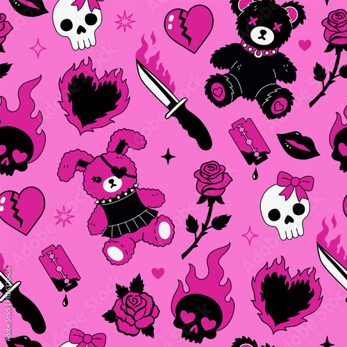 Y2k emo gothic style pattern in 1990s, 2000s style. Vector graphics.