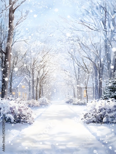 Winter wonderland watercolor artwork of a snowy street scene serene neighborhood seasonal landscape dreamy atmosphere