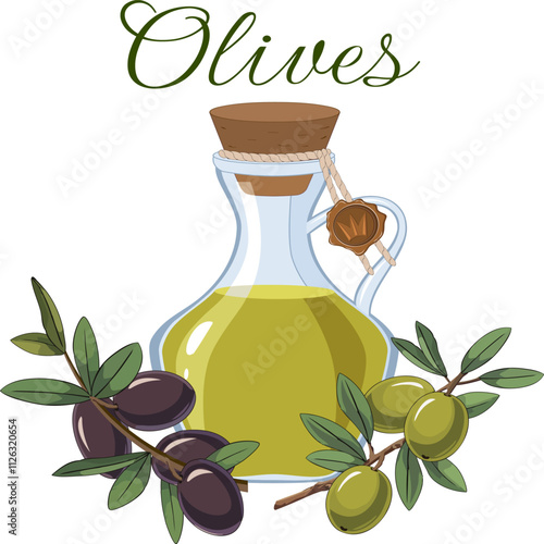Oil and olives on the branches.Vector illustration with olive oil in a bottle and olives on branches.