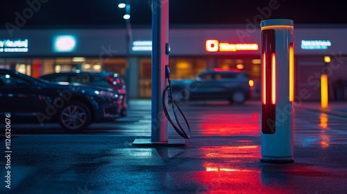 A modern electric charging station illuminated at dusk showcases innovation and sustainability. Cars are parked nearby, reflecting vibrant lights. Generative AI